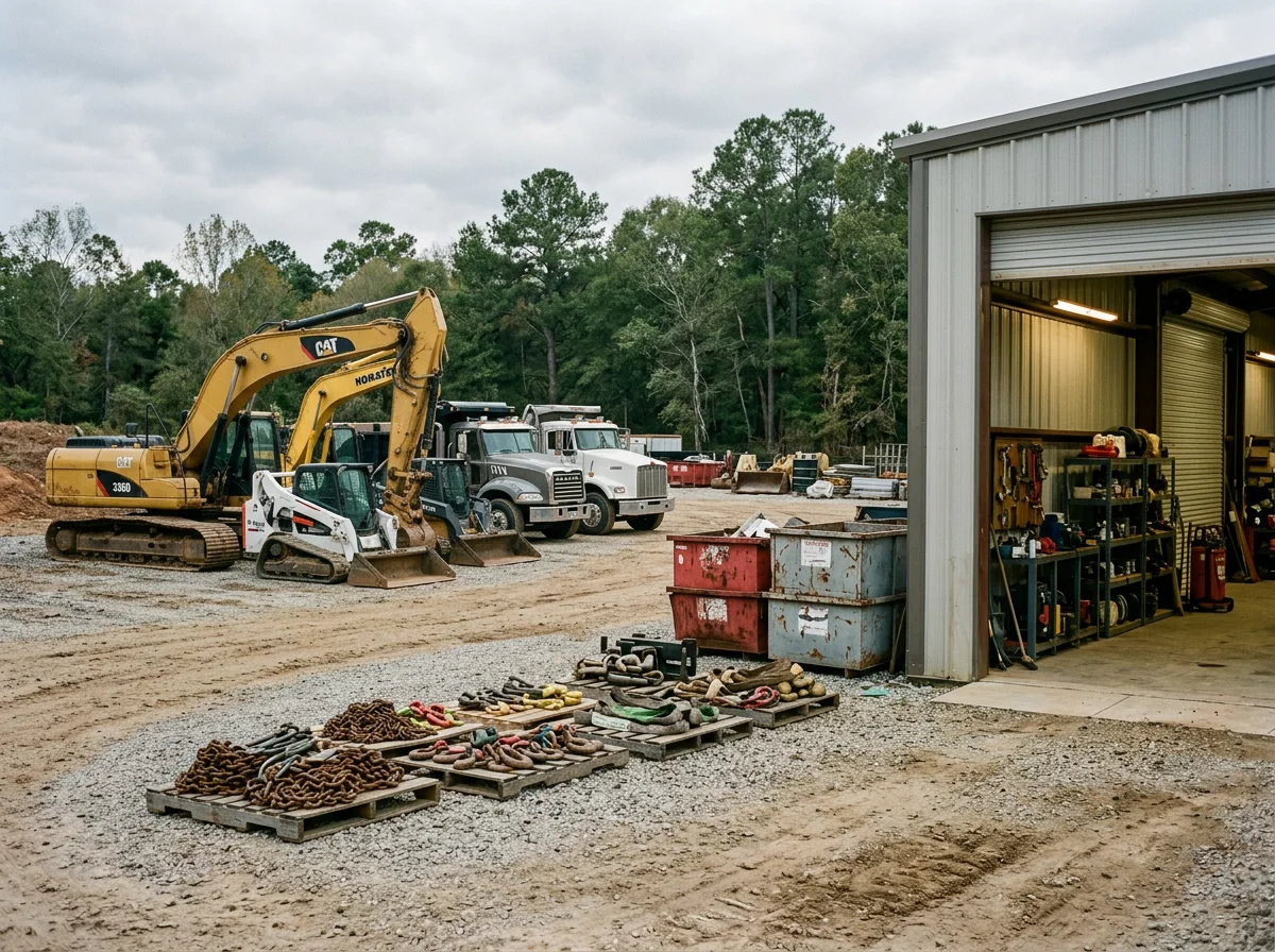 Equipment and tools ready for demolition and land clearing work; professional site setup.