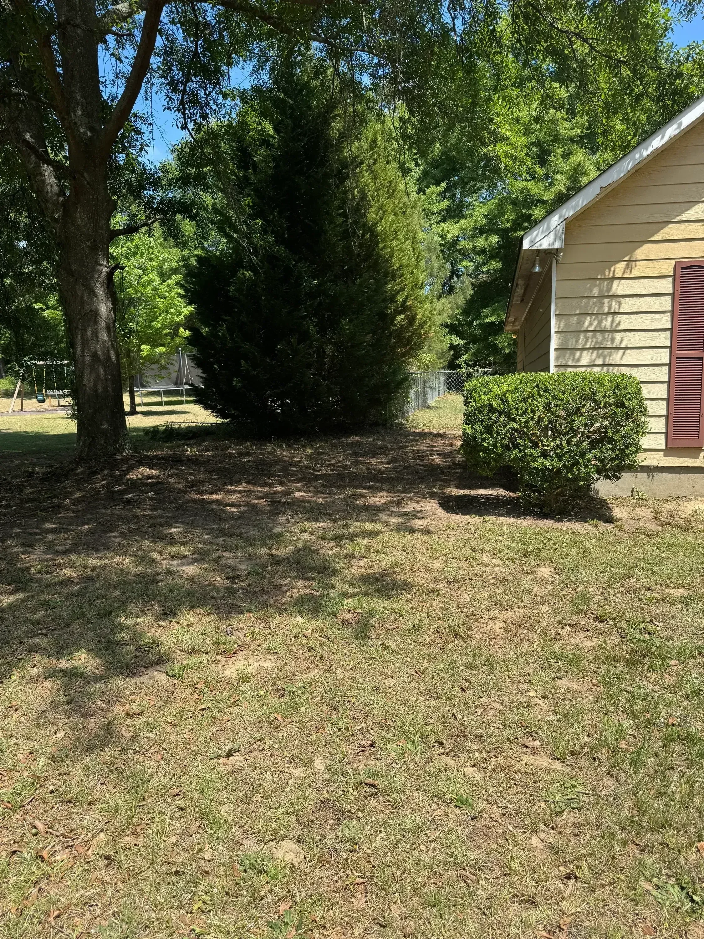 Cleared residential lot with removed vegetation and exposed foundation after land clearing work