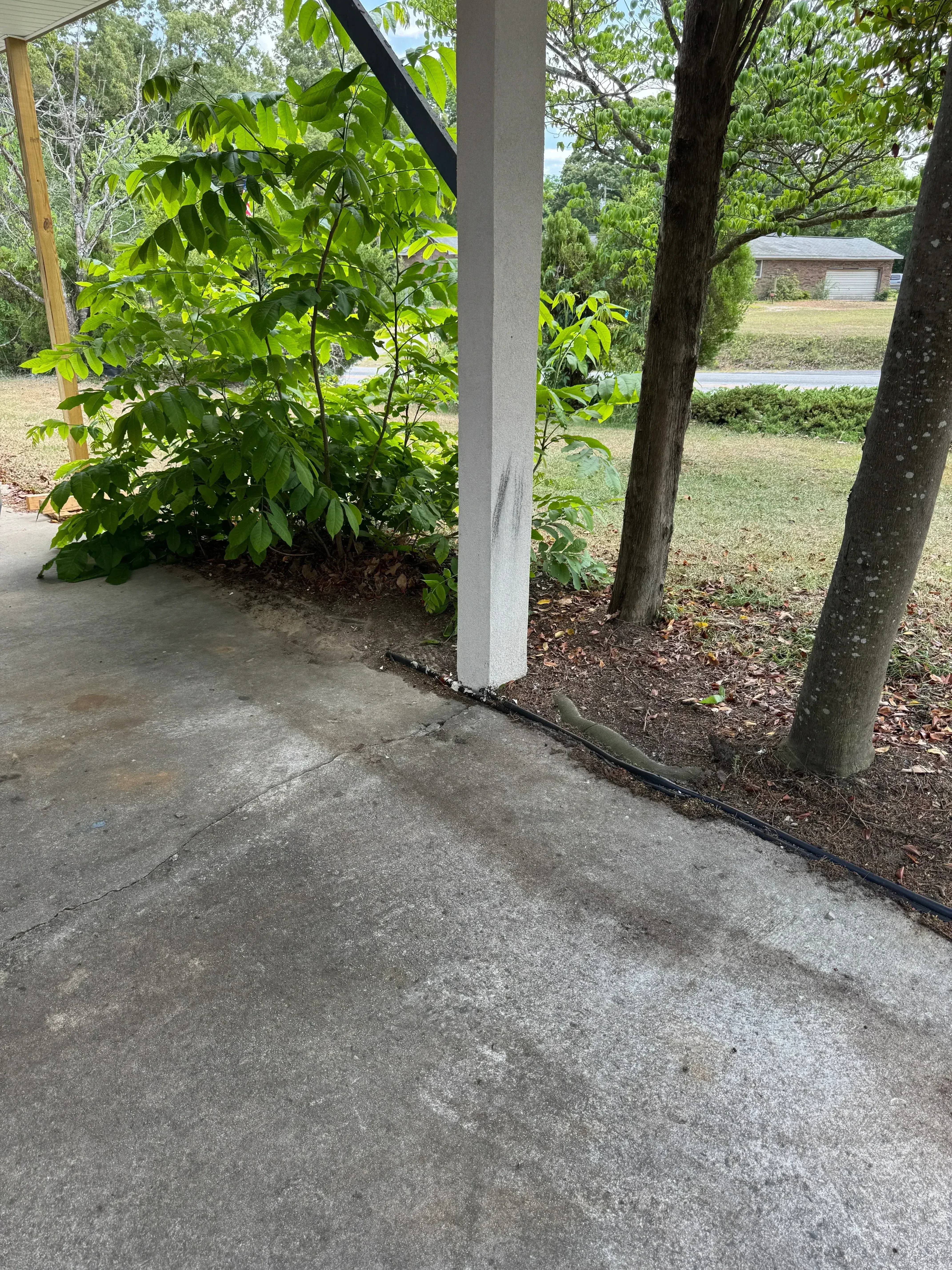 Concrete driveway with cleared debris and exposed soil, wood framing visible