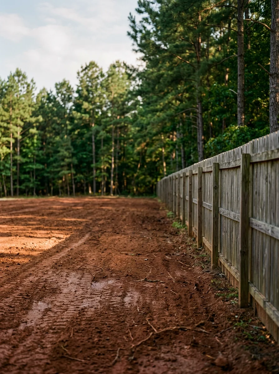 A freshly cleared and graded lot in Bonaire, GA showing a clean property edge along a subdivision fence line after brush and stump removal.