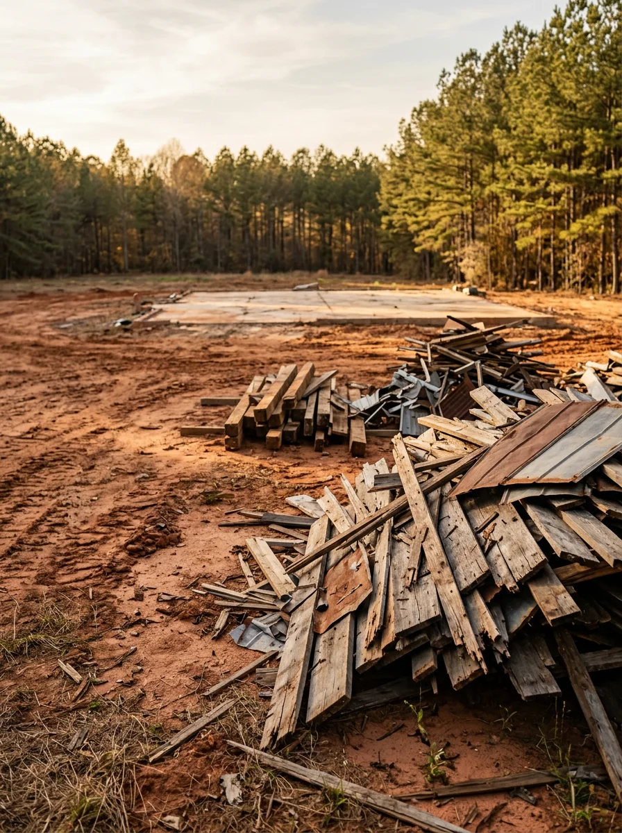 A demolished old barn on a Monroe County, Georgia rural property with debris piled for hauling and the cleared lot visible behind it.