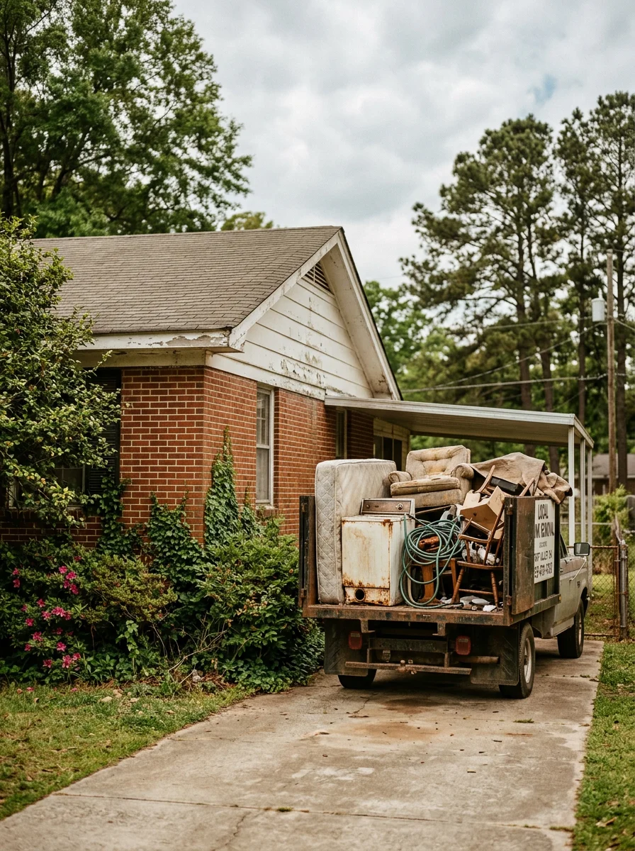 An older residential property in Fort Valley, GA with appliances and furniture staged outside for removal, with a junk removal truck parked in the driveway.