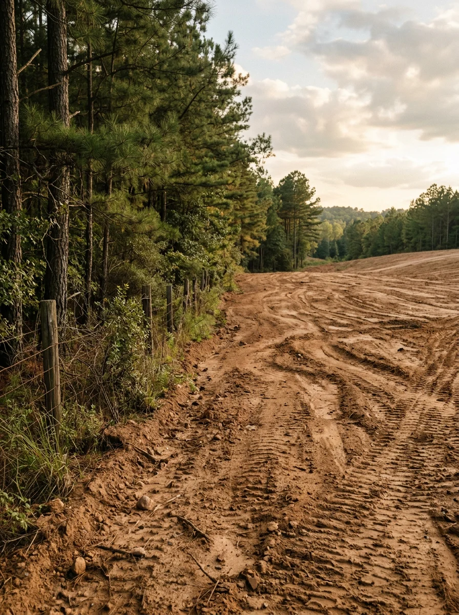 A cleared rural lot in Jones County, Georgia after land clearing and stump removal, showing freshly graded clay-heavy soil on gently rolling terrain near Gray.