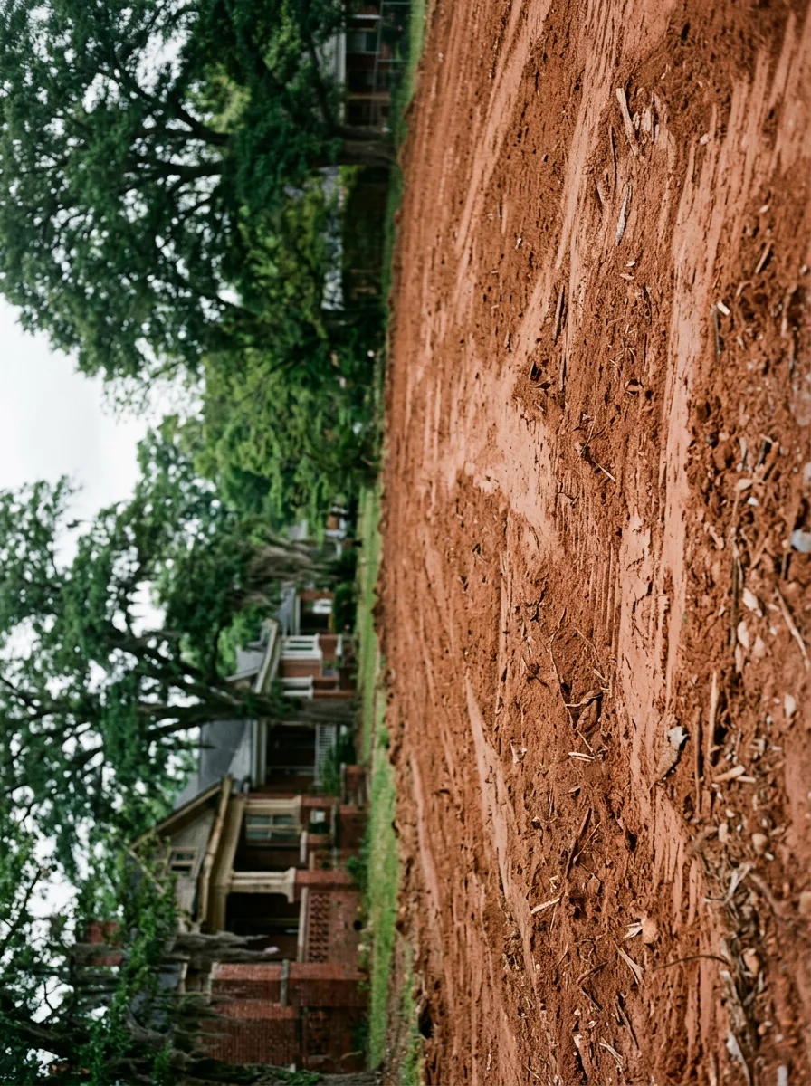 Close-up of a cleared residential lot in Macon, GA showing freshly graded red clay soil after brush and stump removal.