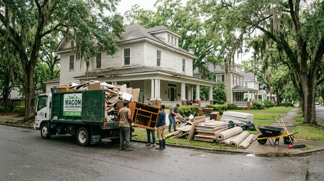 A junk removal crew loading old furniture and construction debris from a wood-frame home in a Macon, Georgia historic neighborhood, with mature oak trees lining the street.