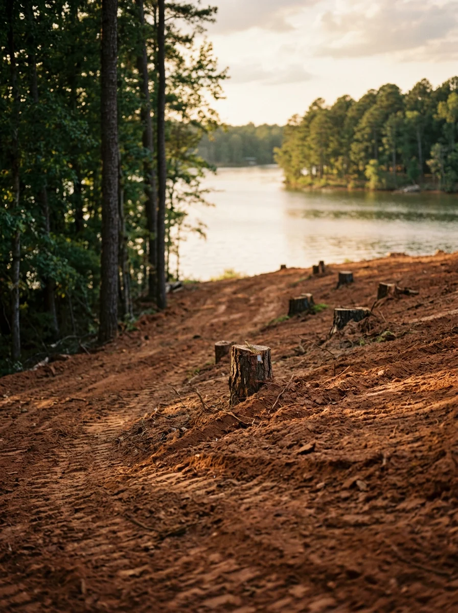 A cleared waterfront lot near Lake Sinclair in Milledgeville, GA after brush and stump removal, showing the slope from the property down to the water's edge.