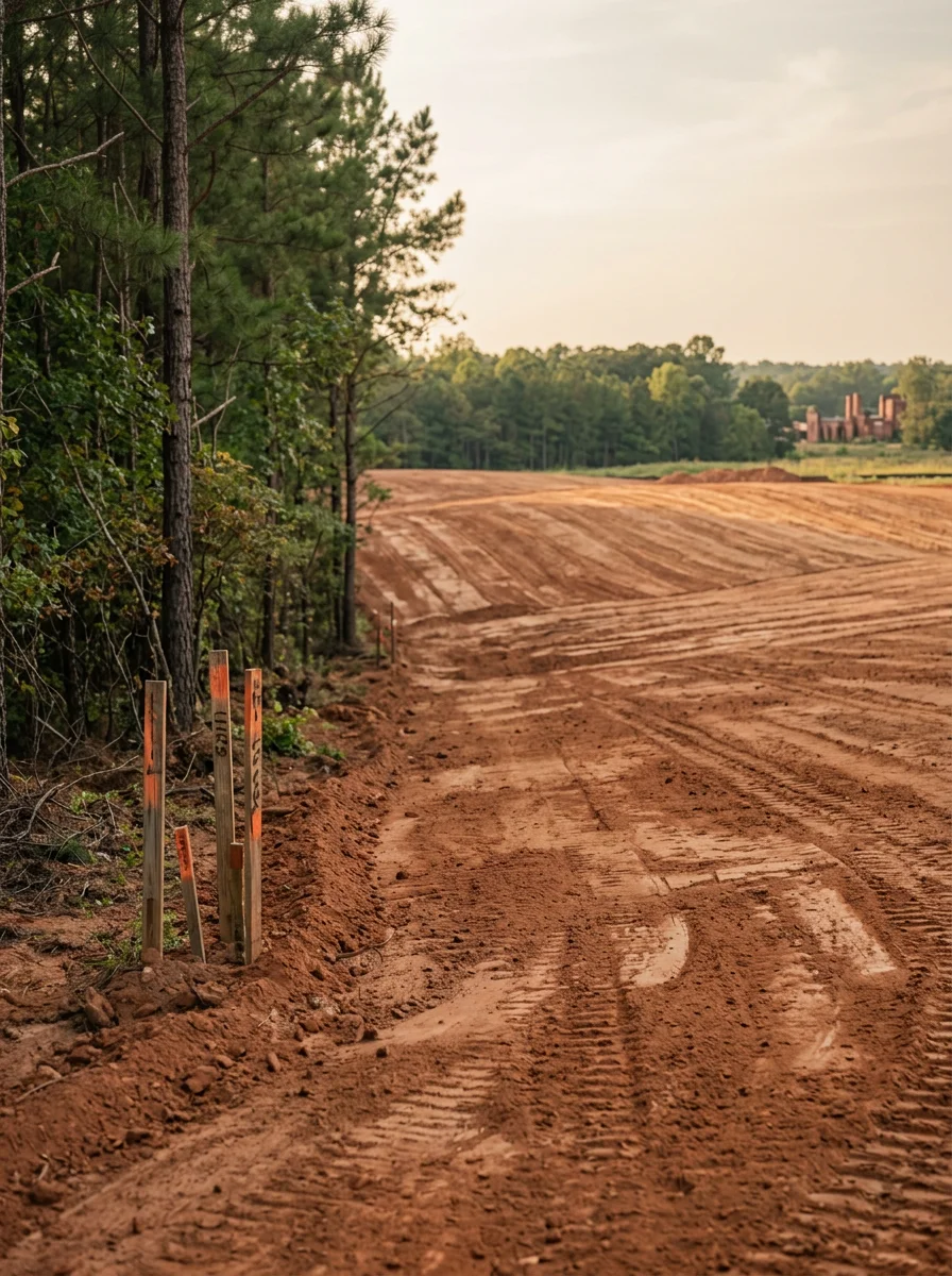 A graded residential lot in Thomaston, GA on rolling Piedmont terrain after land clearing, showing the slope and clay-heavy soil profile of Upson County.