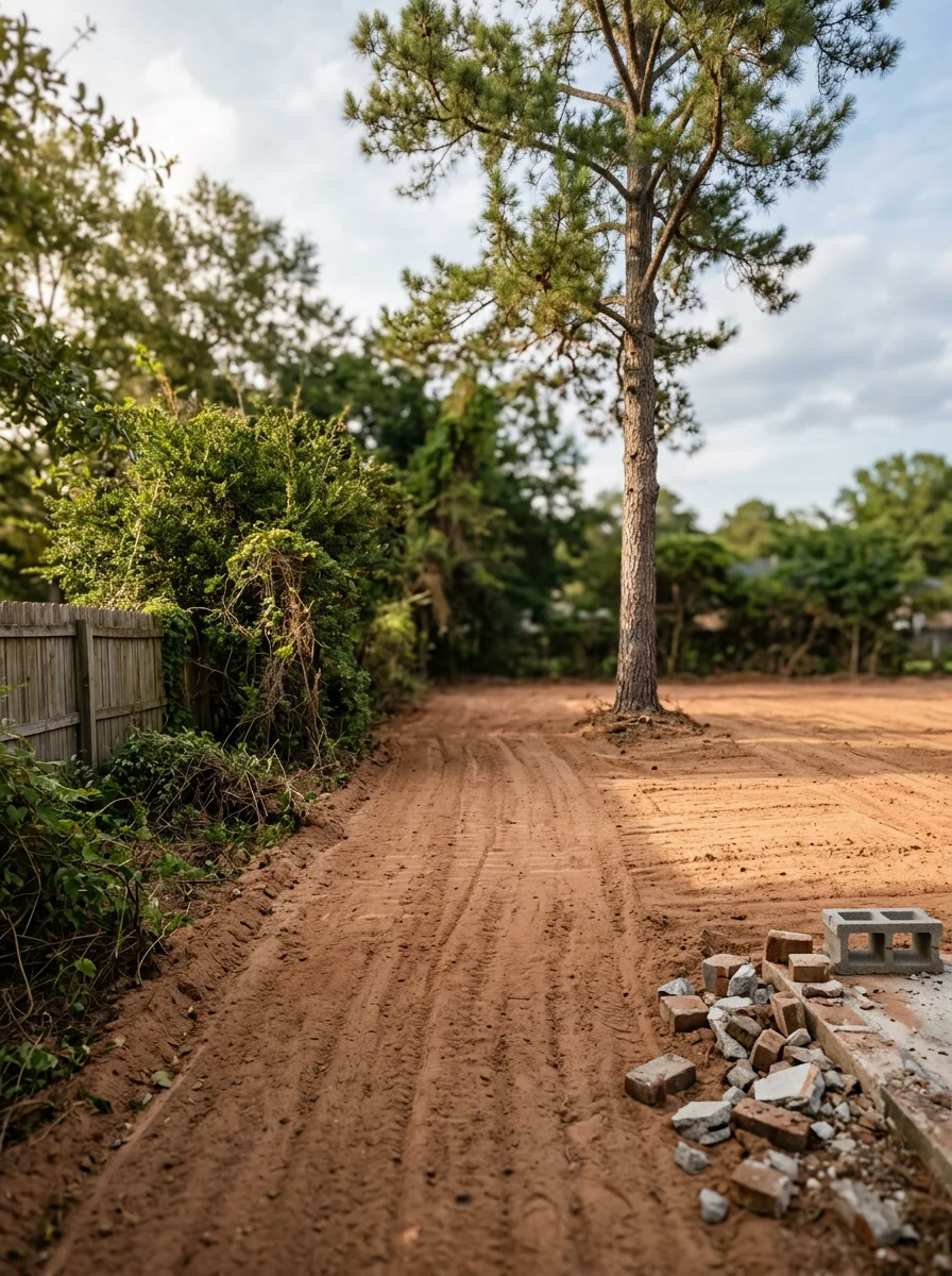 A cleared and graded residential lot in Warner Robins, GA after demolition of an outbuilding, showing level sandy-clay soil ready for new construction.