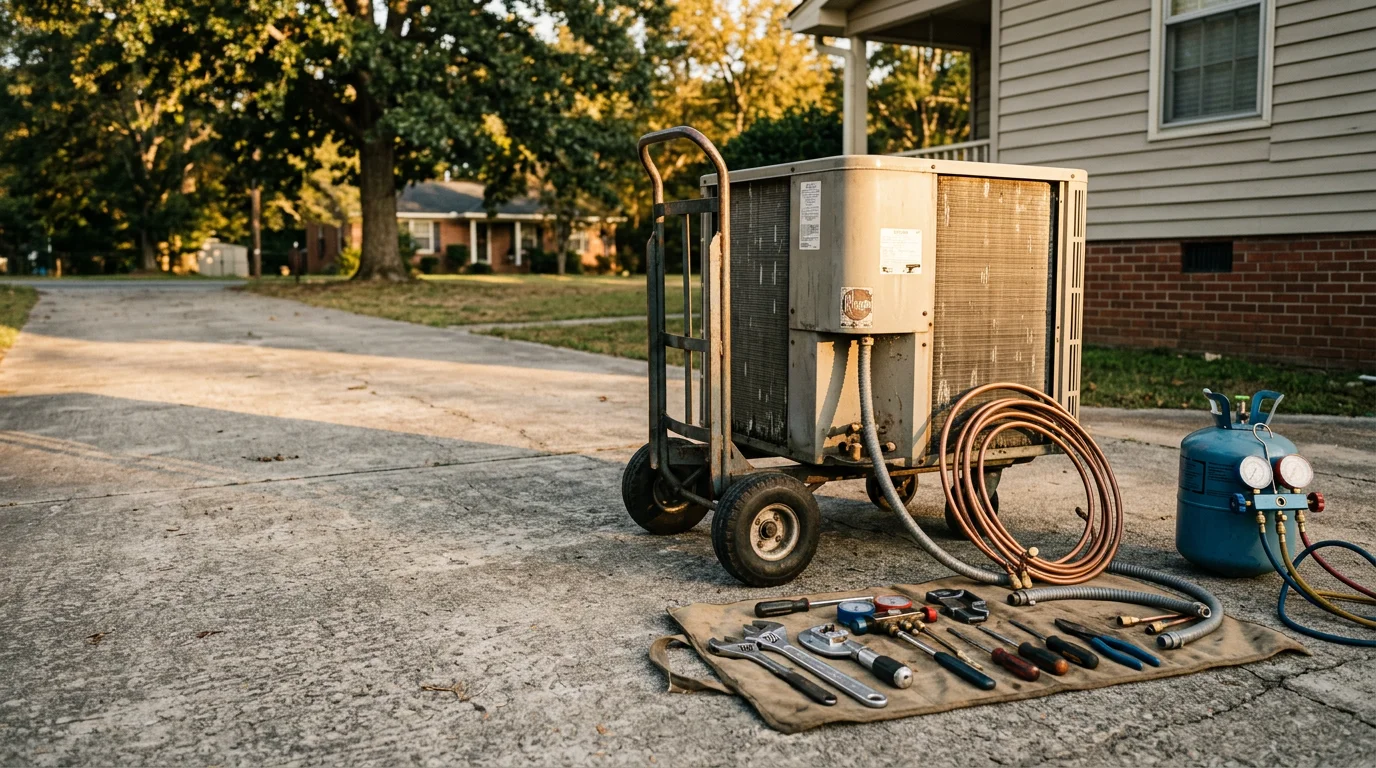 A worn residential air conditioner unit being loaded onto a hauling truck at a Macon, Georgia property. The yard is clear and the equipment is ready for proper disposal.