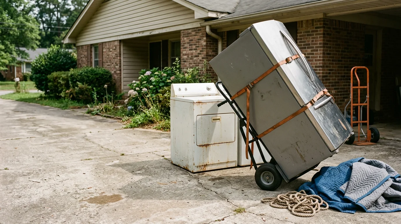 A large household appliance being loaded onto a hauling truck outside a residential home in Macon, Georgia. The driveway is clear and the home's entryway shows no damage from the removal process.
