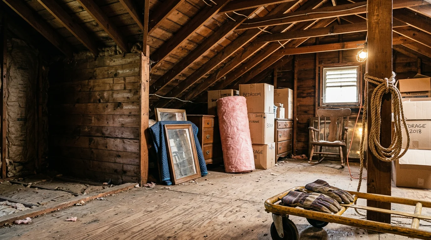 An empty attic interior in a Macon, Georgia home after a full cleanout, with all boxes, furniture, and debris removed. The cleared floor and open space show the result of a complete attic junk removal service by TMC Solutions LLC.