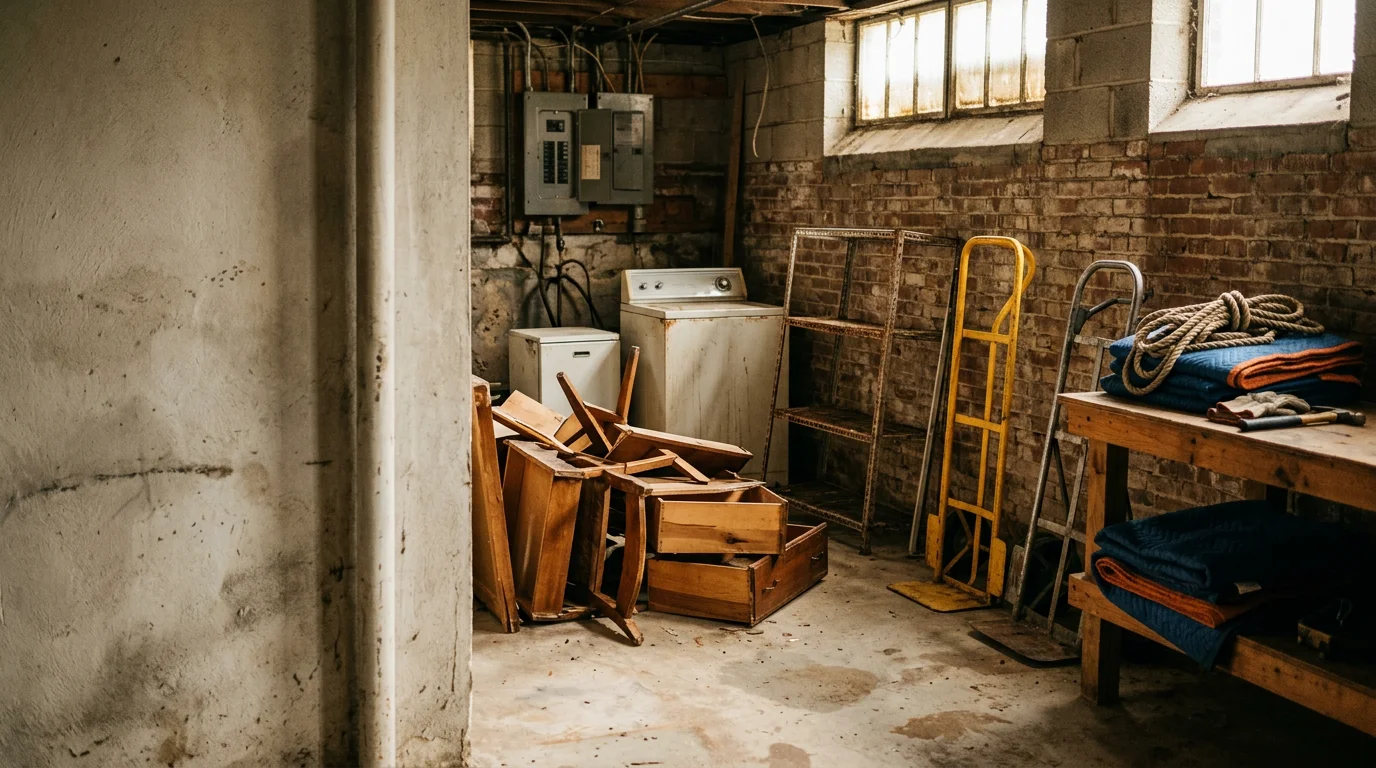 A cleared basement interior in a Macon, Georgia home after a full cleanout by TMC Solutions LLC, with old furniture, boxes, and debris removed. The concrete floor is visible and the space is empty and ready for use.