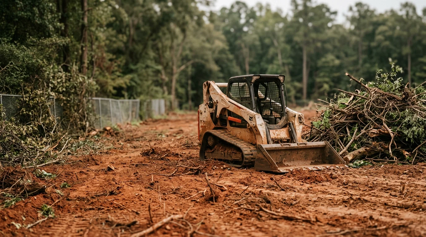 A cleared residential lot in Macon, Georgia showing bare ground and open space where dense brush, vines, and overgrown shrubs have been fully removed. Cut debris is loaded and hauled away, leaving the property clean and accessible.