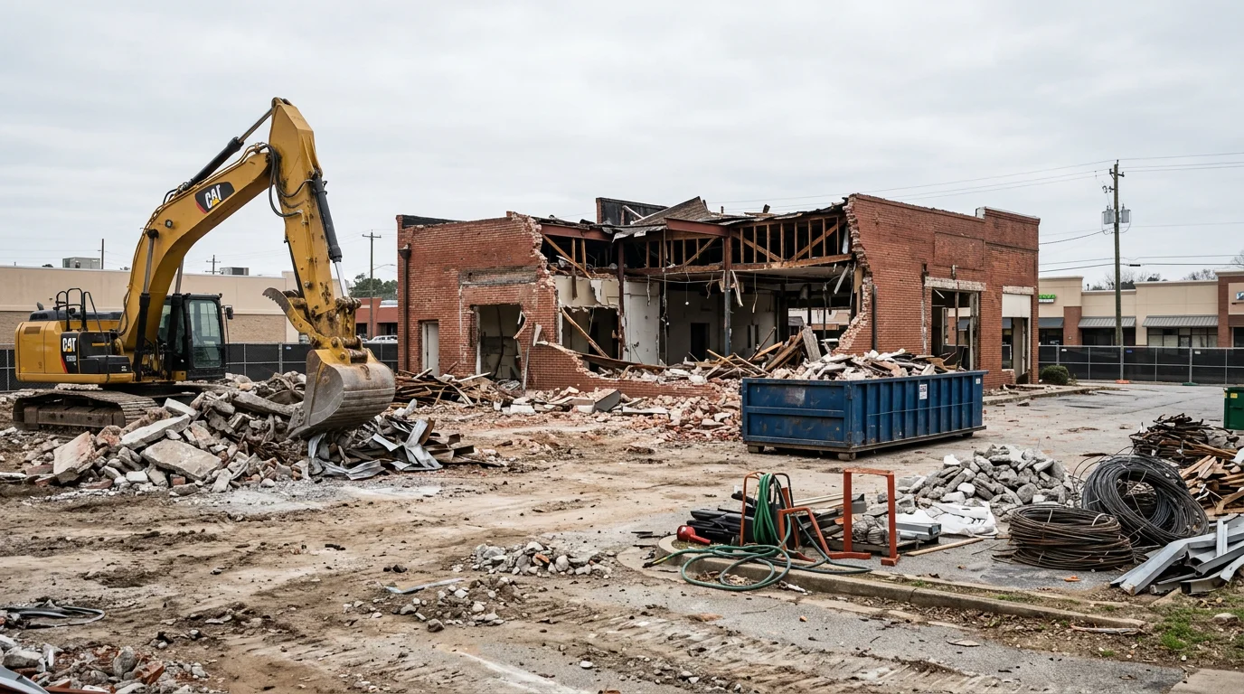 A commercial building in Macon, Georgia being demolished by heavy equipment, with rubble cleared from the site and bare ground visible. A TMC Solutions LLC crew works to remove structural debris in preparation for site redevelopment.