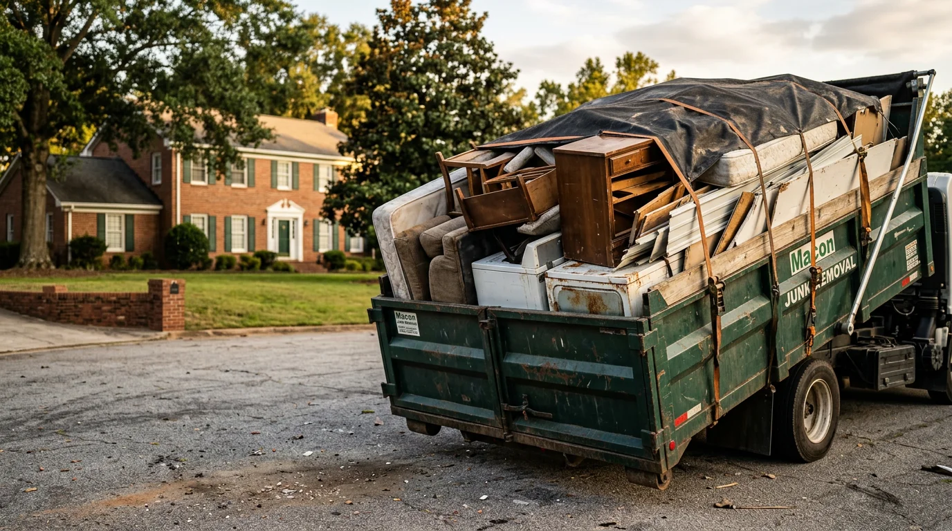A truck bed fully loaded with bulk waste items including old furniture and mixed junk being hauled away from a residential property in Macon, Georgia. The cleared driveway and yard are visible in the background.
