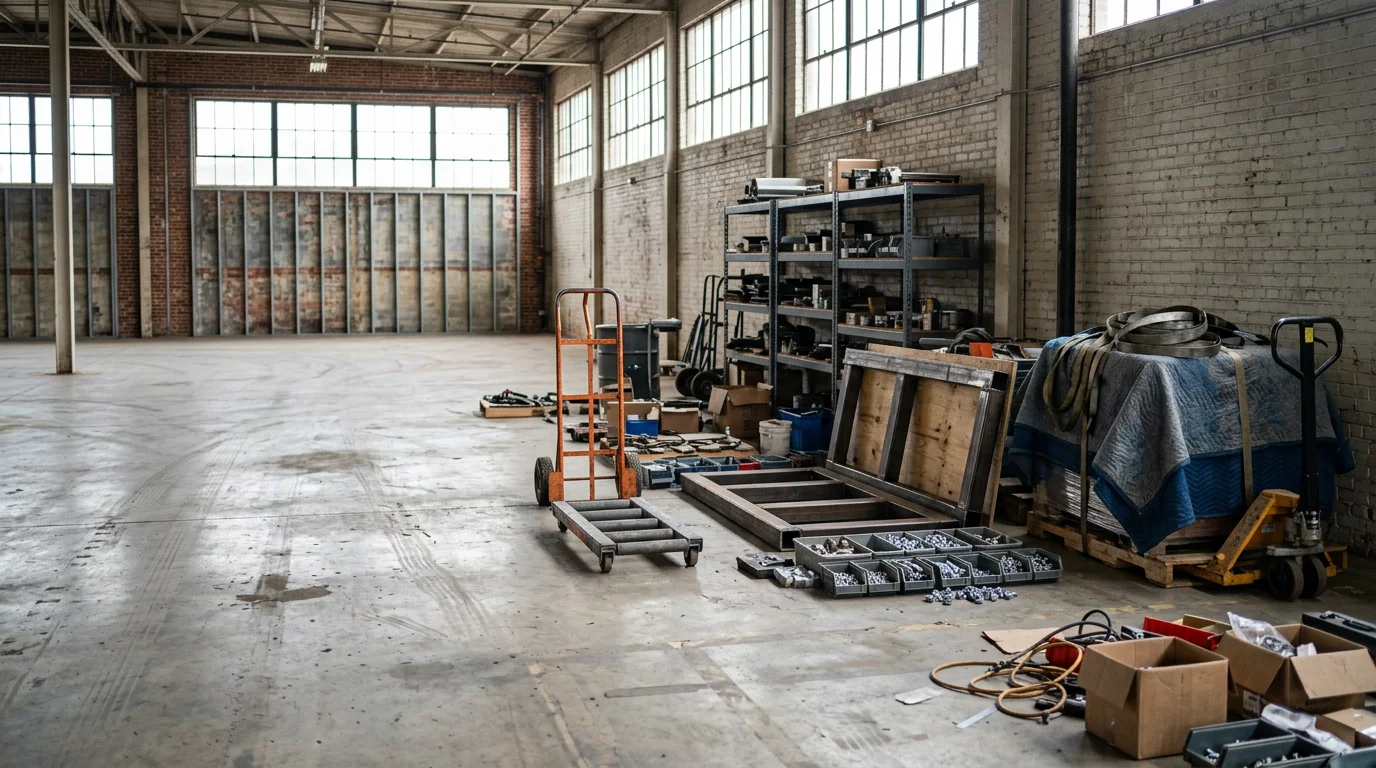 A cleared commercial facility floor in Macon, Georgia after heavy equipment and industrial shelving have been removed. The open bay space is empty and ready for the next use.
