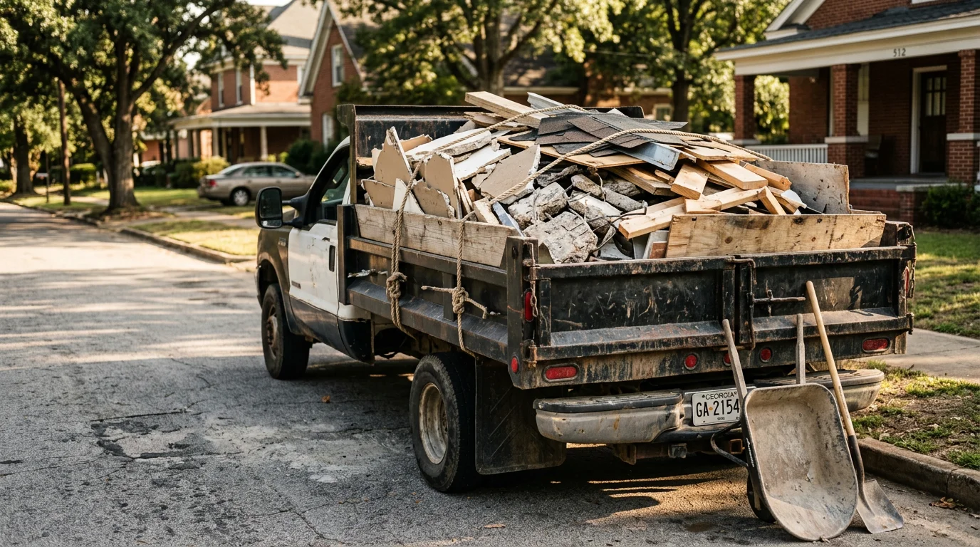 A cleared job site in Macon, Georgia after construction debris removal, with scrap lumber, broken concrete, and roofing material loaded into a hauling truck. The surrounding property is clean and ready for the next phase of work.