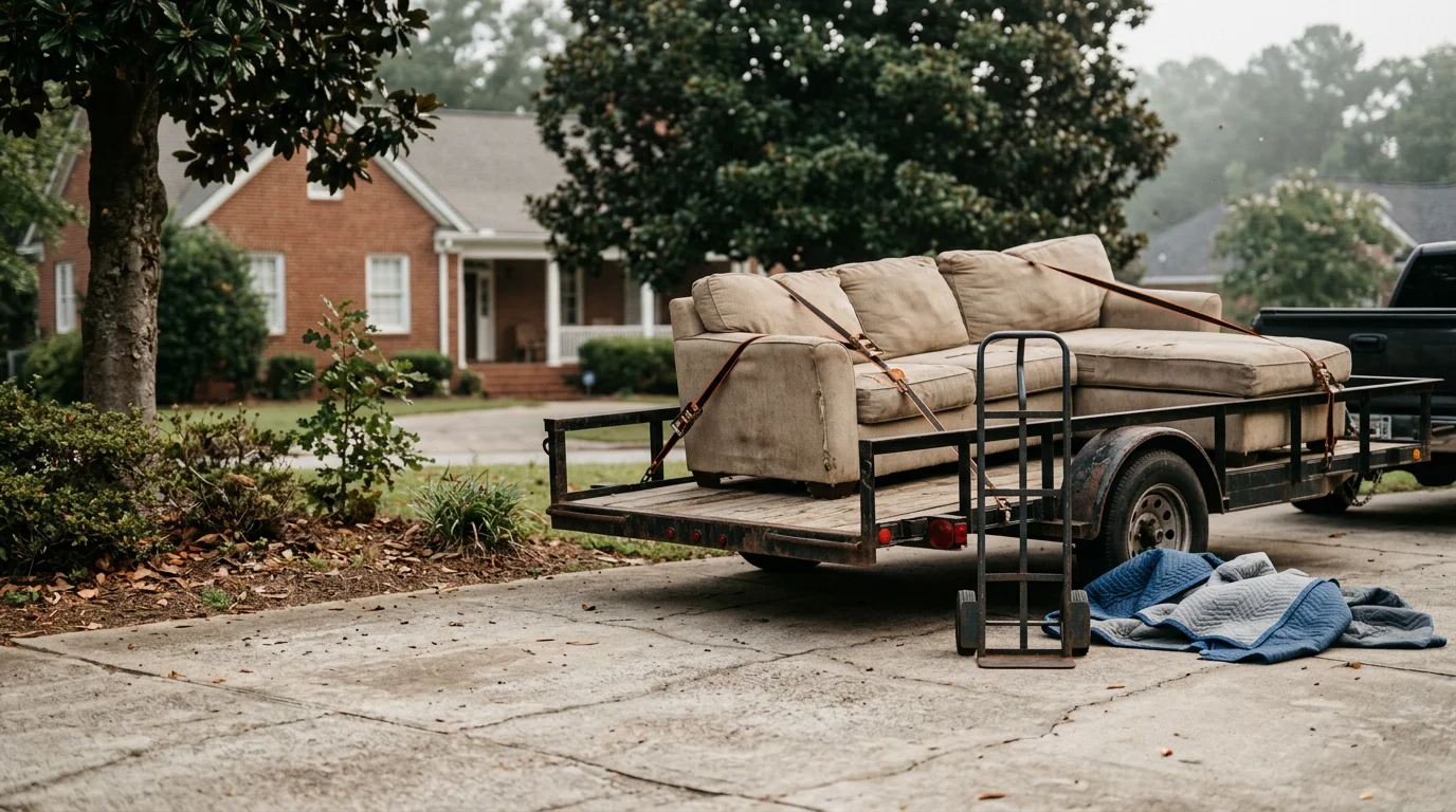 A worn upholstered couch being loaded onto a hauling truck outside a residential home in Macon, Georgia. The living room doorway is visible in the background with the pathway cleared for removal.