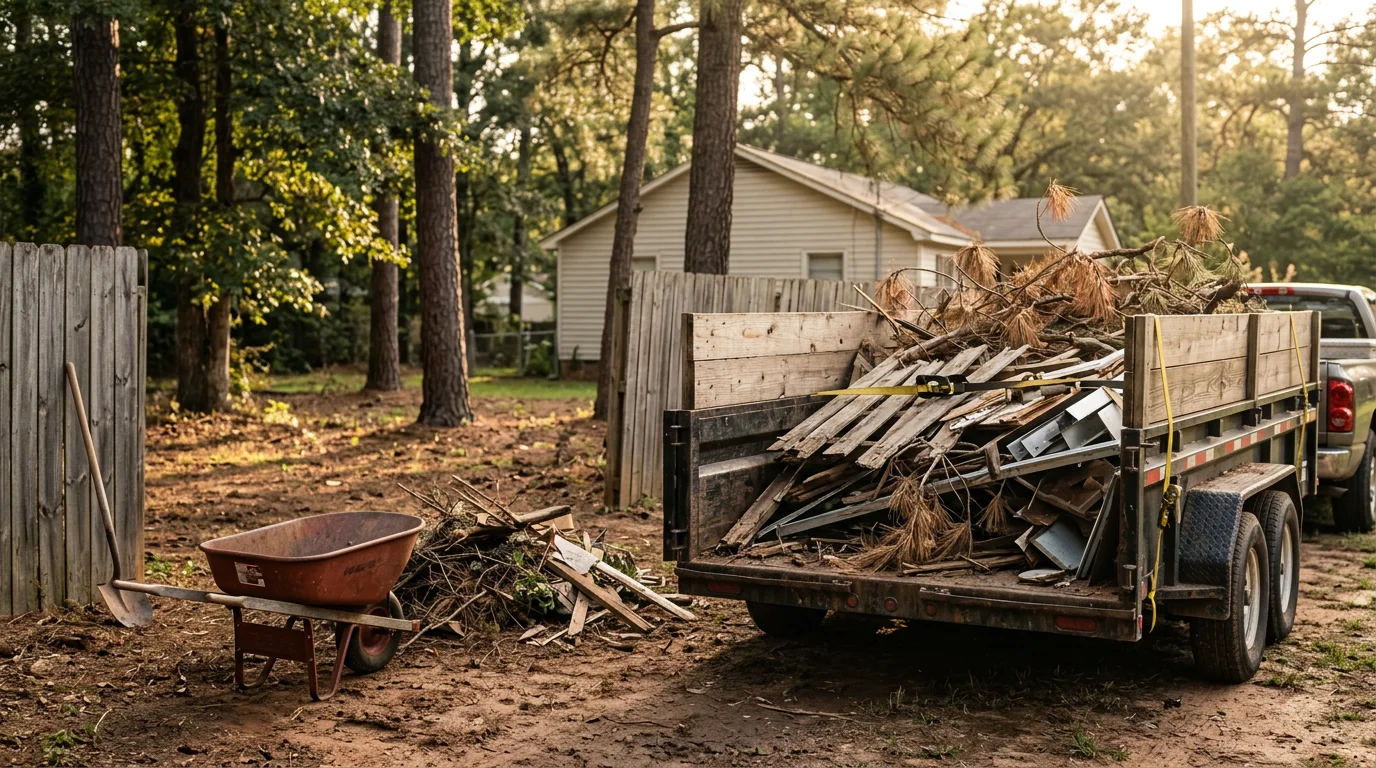 A cleared residential property in Macon, Georgia after debris removal, with a loaded TMC Solutions LLC haul truck parked nearby and the yard free of storm waste and clutter.
