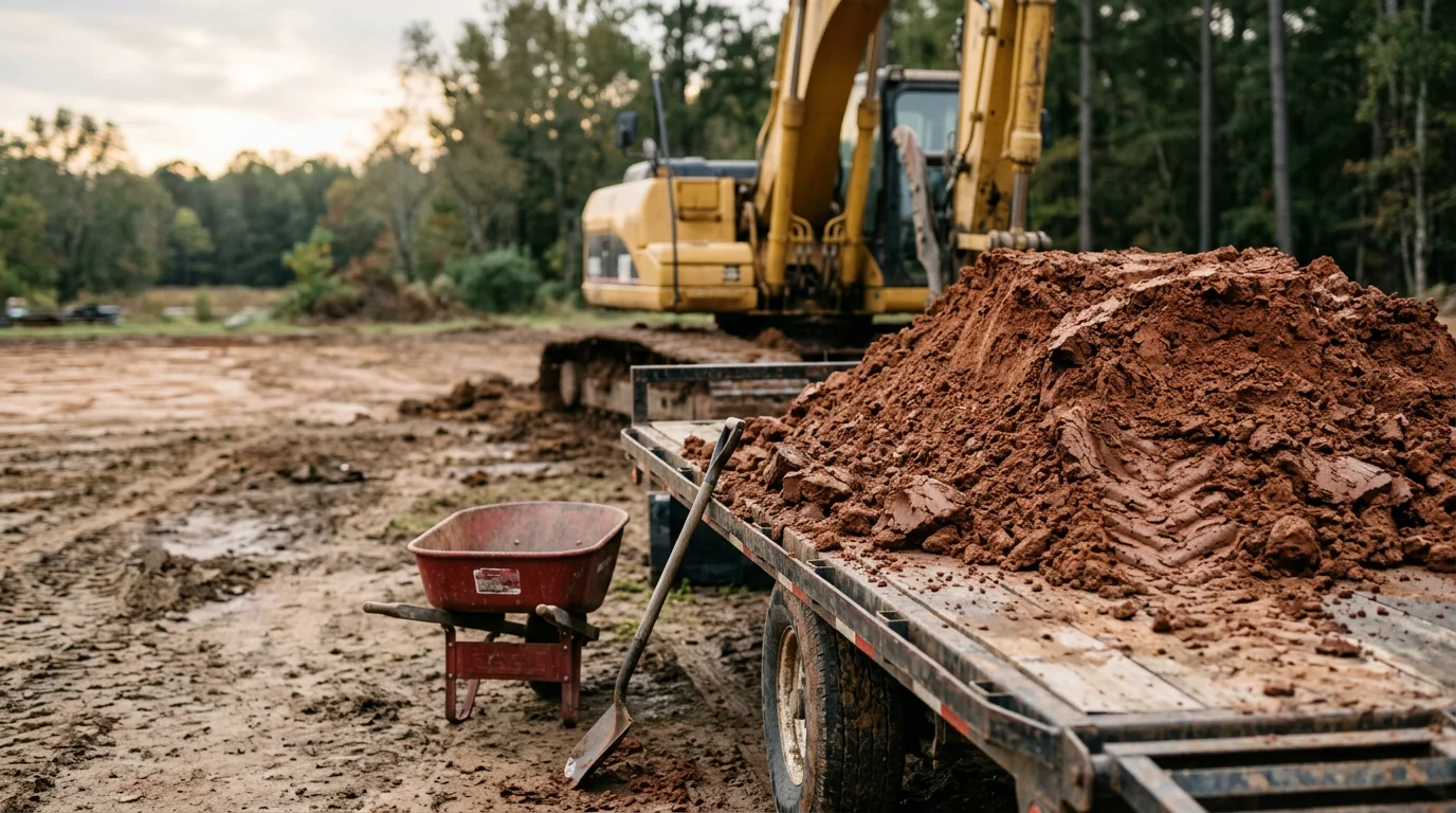 A cleared residential lot in Macon, Georgia with a truck loaded with excess clay soil ready for haul-away. The surrounding ground is clean and level after dirt removal work by TMC Solutions LLC.