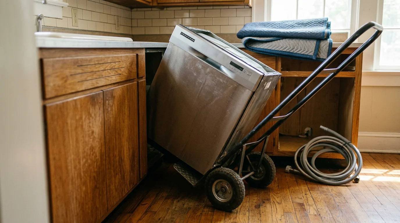 A removed dishwasher loaded onto a TMC Solutions LLC truck outside a residential home in Macon, Georgia. The kitchen doorway is visible in the background with the space cleared where the appliance once sat.