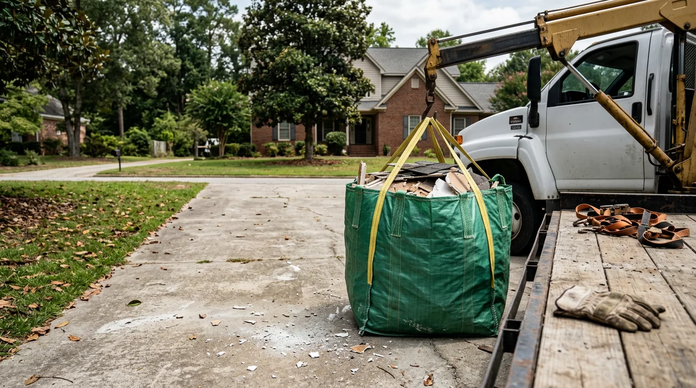 A filled dumpster bag sitting on a residential driveway in Macon, Georgia, ready for removal by a hauling crew. The surrounding yard is clear and the bag is positioned close to the street for easy truck access.