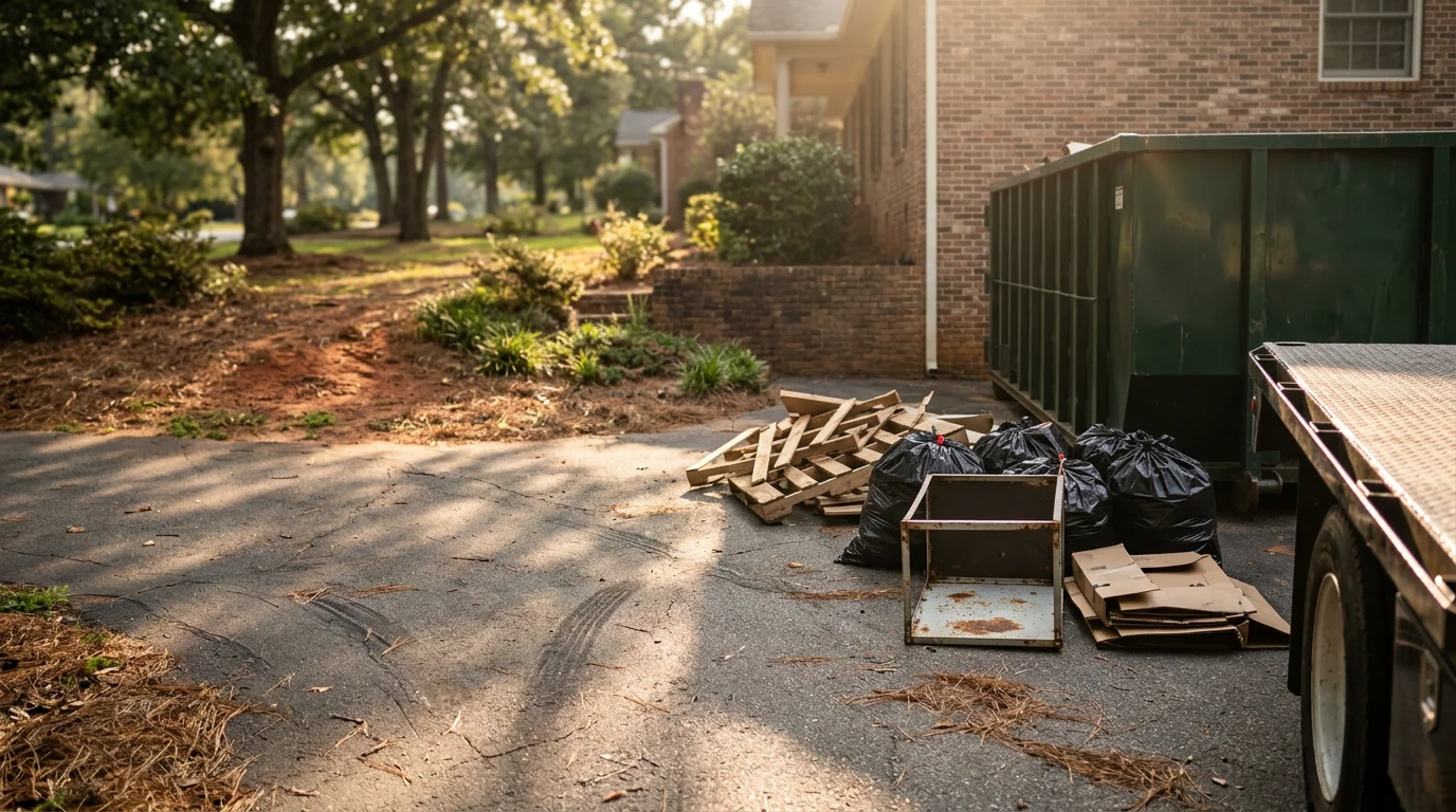 Cleared driveway beside an empty dumpster after overflow debris removal at a residential property in Macon, Georgia. Scattered trash, yard waste, and bulk items have been hauled away, leaving the surrounding area clean.