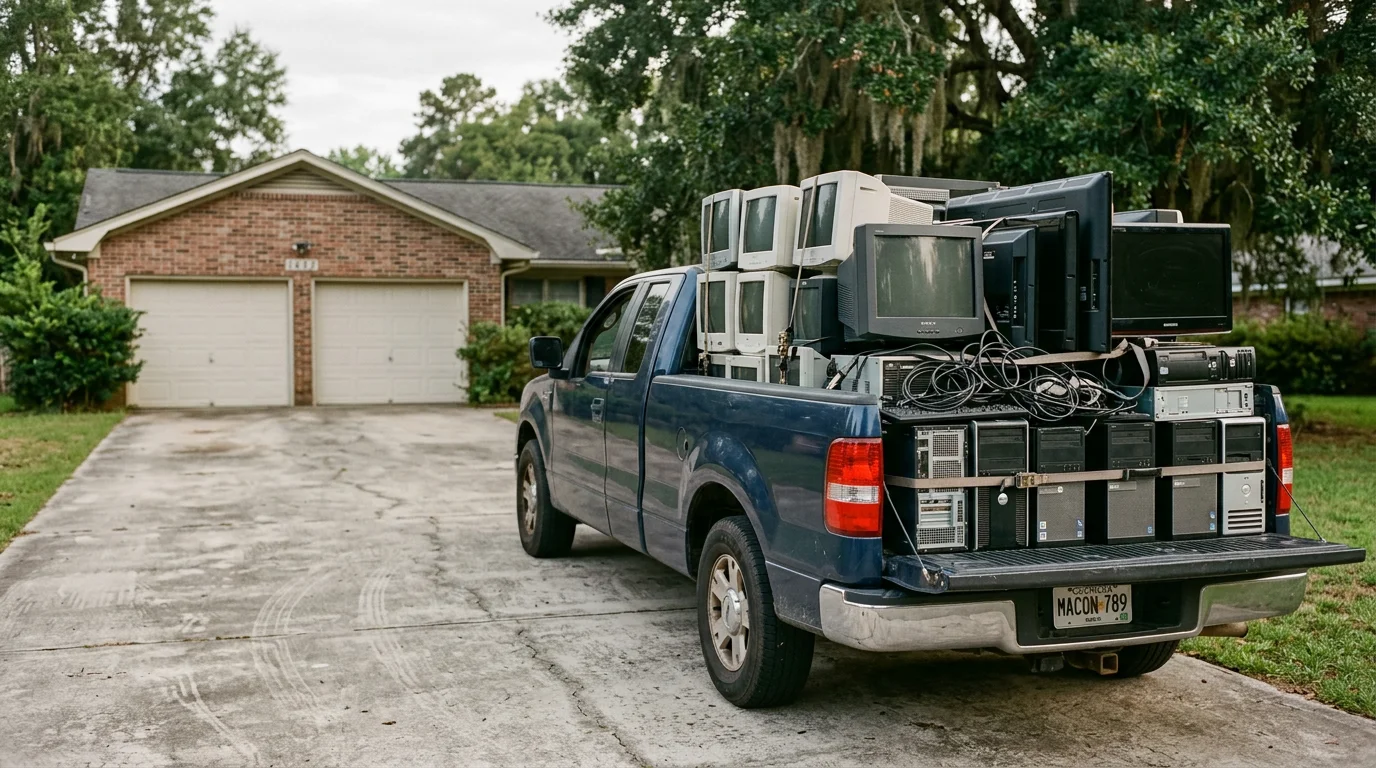 A pile of old televisions, desktop computers, and monitors staged on a driveway in Macon, Georgia, ready for removal and recycling by a junk removal crew. The surrounding property is clear and the items are organized for loading.