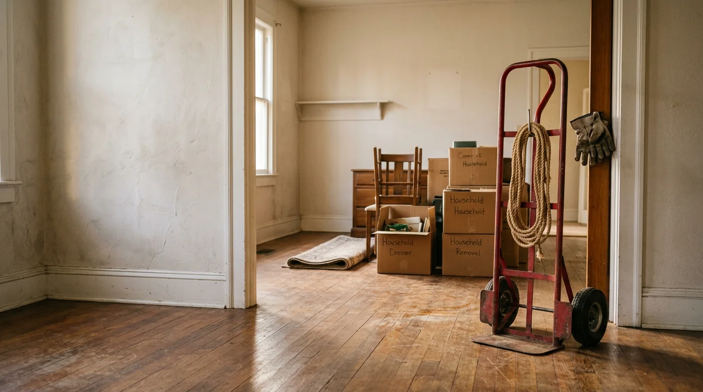 A cleared residential property in Macon, Georgia after a full estate cleanout, with furniture and household items removed from the interior and a clean, empty space ready for sale. A TMC Solutions LLC truck is visible in the driveway after hauling away debris.