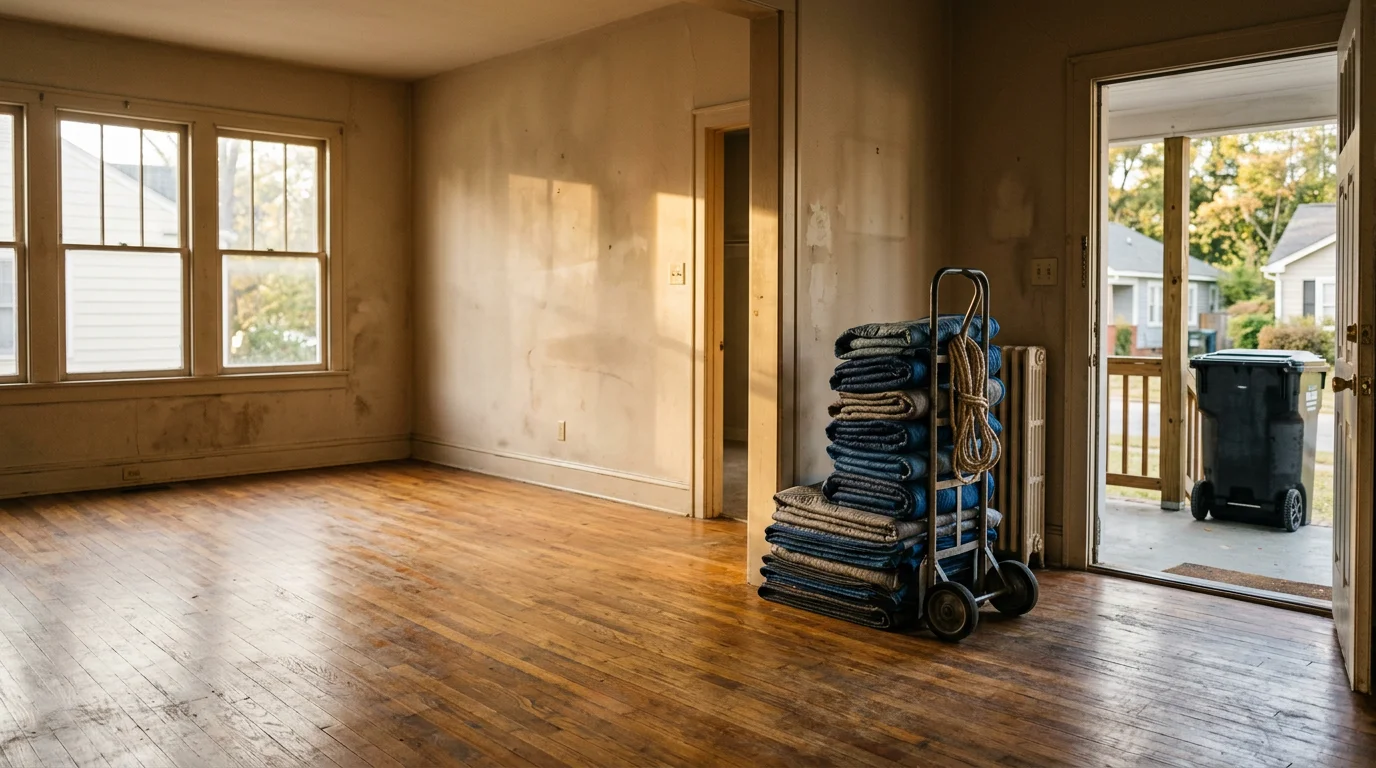 A cleared and empty rental unit interior in Macon, Georgia after an eviction cleanout, with all furniture, trash, and left-behind belongings removed by TMC Solutions LLC. The bare floors and empty rooms show the property ready for a new tenant.