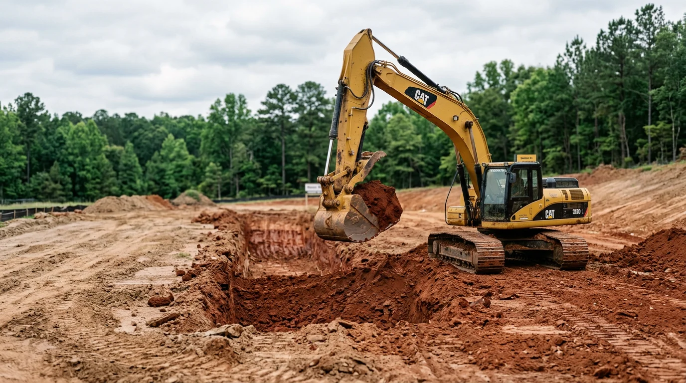 An excavator digging and shaping a residential lot in Macon, Georgia, with red clay soil exposed and surrounding vegetation left intact. The site is cut down to grade and ready for the next phase of construction.