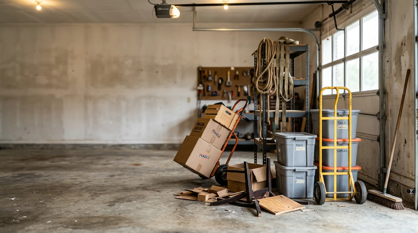 A cleared residential garage floor in Macon, Georgia after a full cleanout, with empty space where stacked boxes and old equipment once sat. A TMC Solutions LLC truck is visible in the driveway after hauling away the removed items.