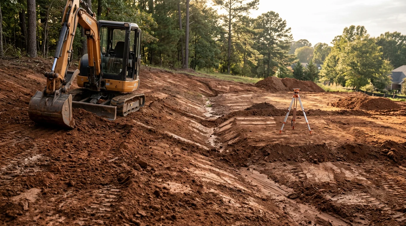 A graded residential lot in Macon, Georgia showing smoothly shaped soil sloped away from a building pad with no pooling or uneven terrain. Heavy equipment tracks are visible across the compacted surface, ready for the next phase of construction.