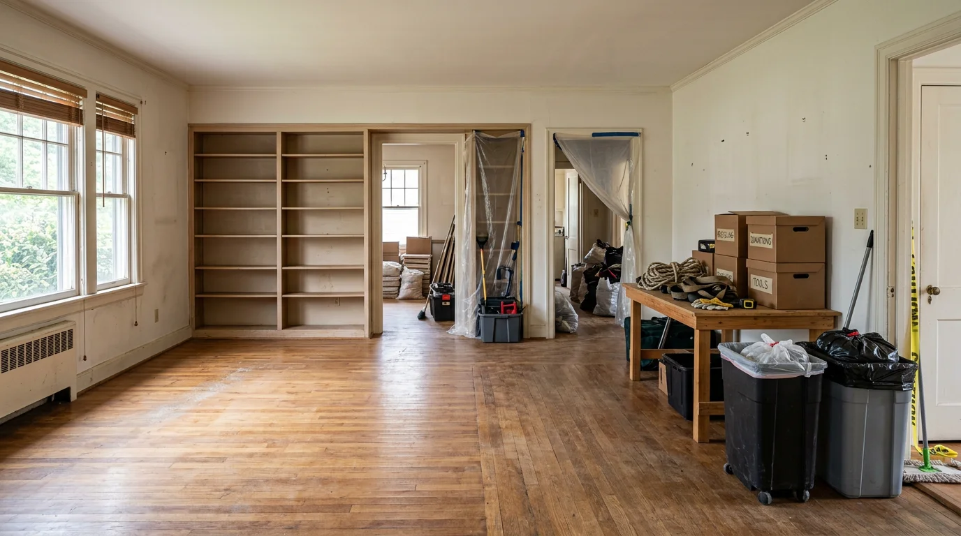 A cleared residential living room in Macon, Georgia after a hoarder cleanout, with floors visible and debris fully removed. Empty space shows the result of a full-property cleanout by TMC Solutions LLC.
