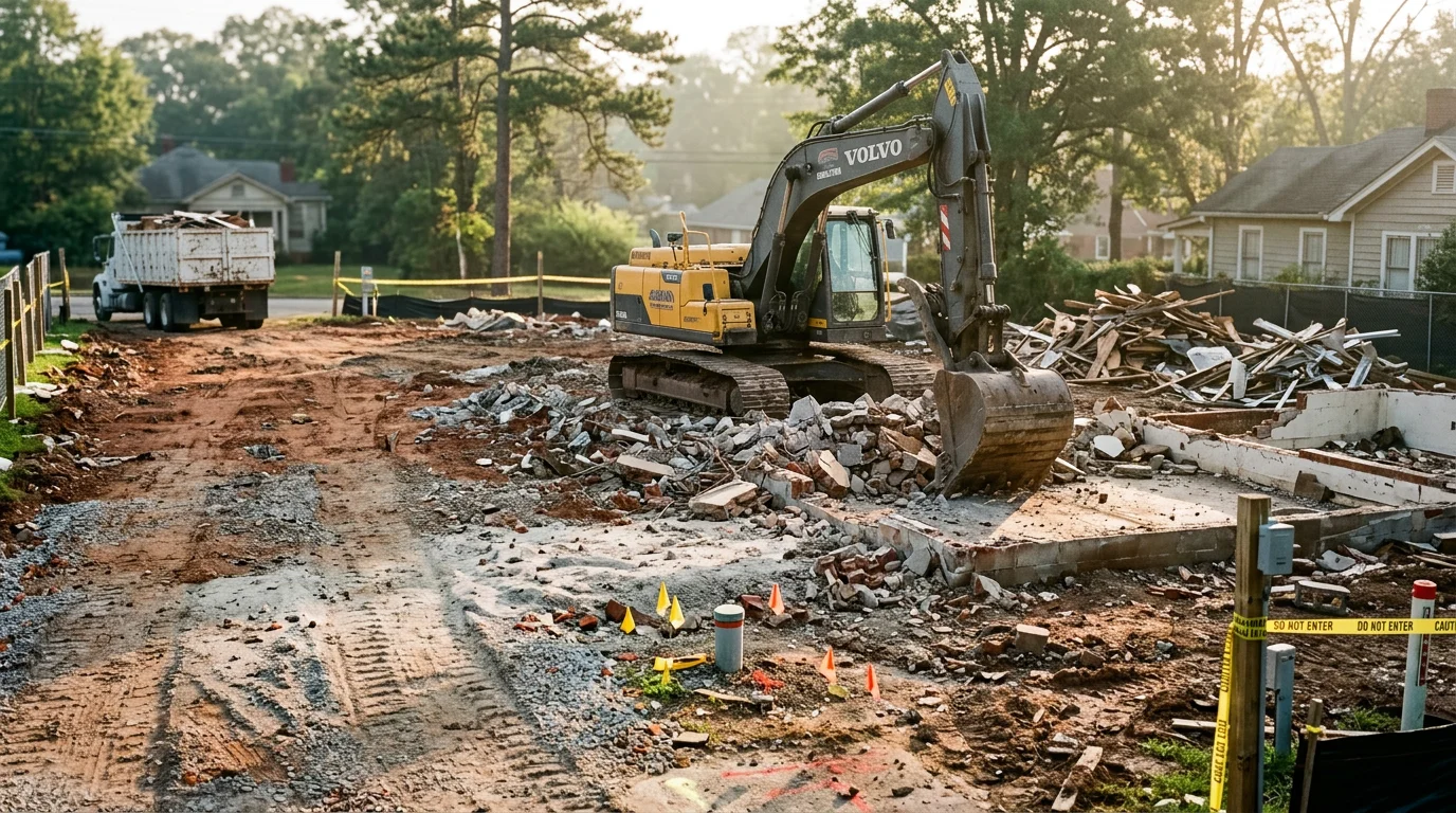 A cleared residential lot in Macon, Georgia after a full house teardown, with debris removed and bare ground ready for new construction. A TMC Solutions LLC excavator is visible at the edge of the site.