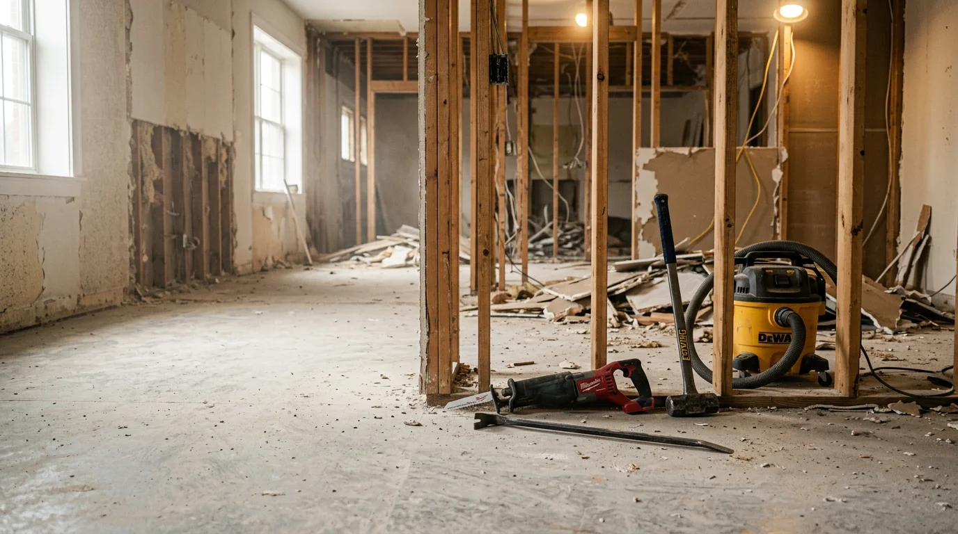 Interior of a Macon area home mid-demolition with walls stripped to the studs and flooring removed. Debris is staged for hauling by TMC Solutions LLC.
