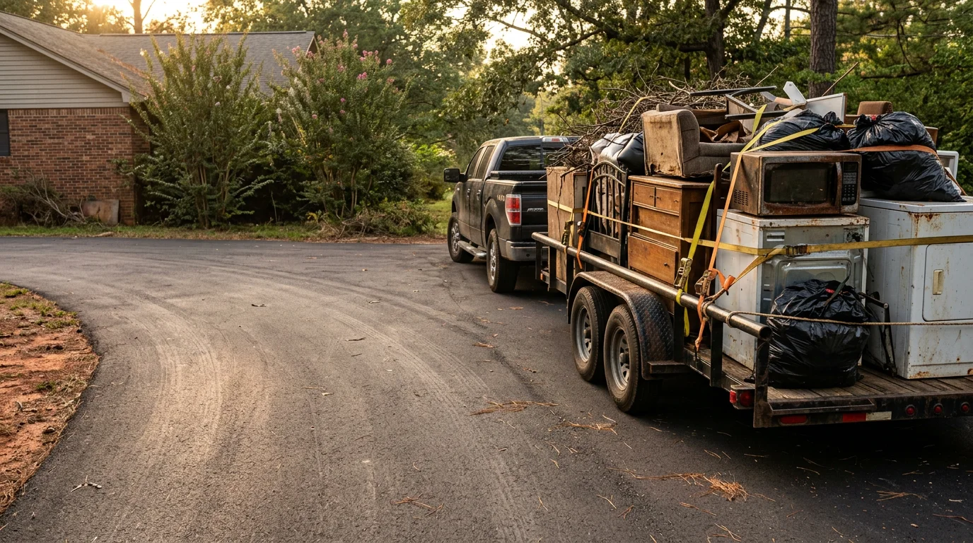 A cleared residential property in Macon, Georgia after junk removal and hauling service, with old furniture and debris fully loaded and removed. The cleaned space shows an empty garage or yard area ready for use.