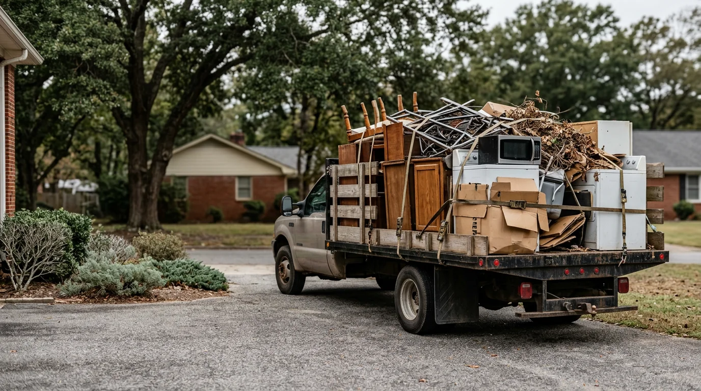 A cleared residential property in Macon, Georgia after junk removal, with a load of household debris and scrap items loaded onto a hauling truck. The yard and surrounding area are clean and free of clutter.