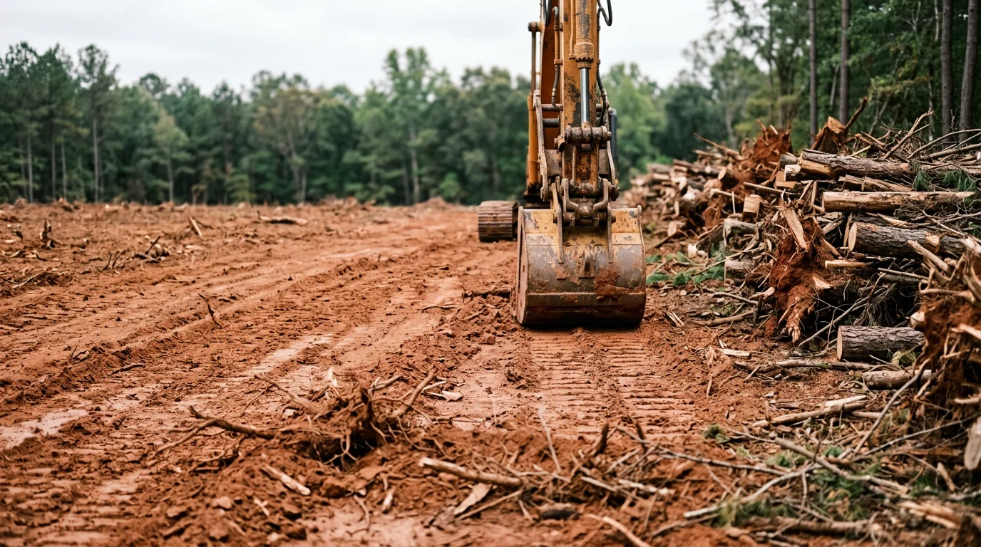 A Macon-area property after land clearing, showing open ground with trees, stumps, and dense brush fully removed. The cleared site is clean and level, ready for construction or agricultural use in Middle Georgia.