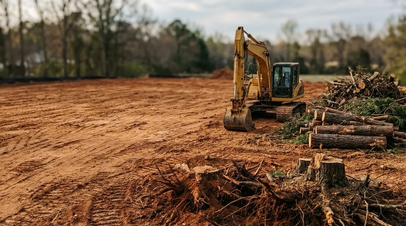 A cleared residential lot in Macon, Georgia with trees, stumps, and brush fully removed, leaving open ground ready for use. Debris has been hauled away, showing bare soil and defined lot boundaries in a Middle Georgia setting.