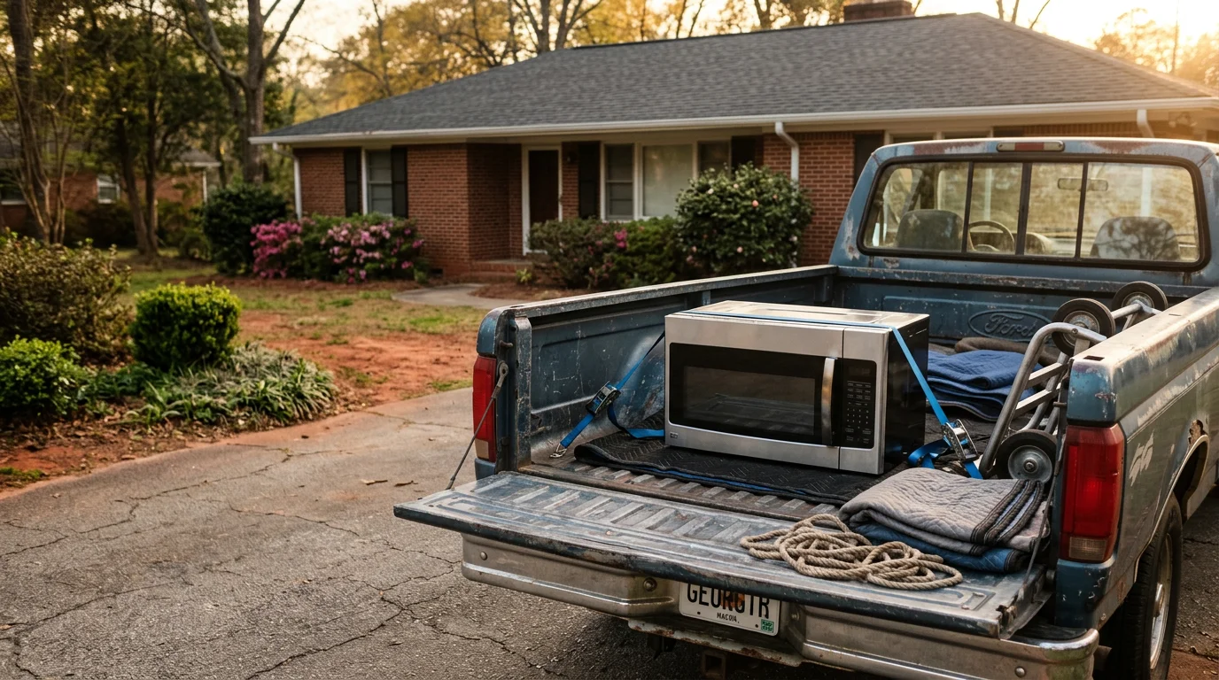 A removed countertop microwave sitting outside a Macon-area home, ready for pickup and recycling by a junk removal crew. The surrounding property is clear and undisturbed.