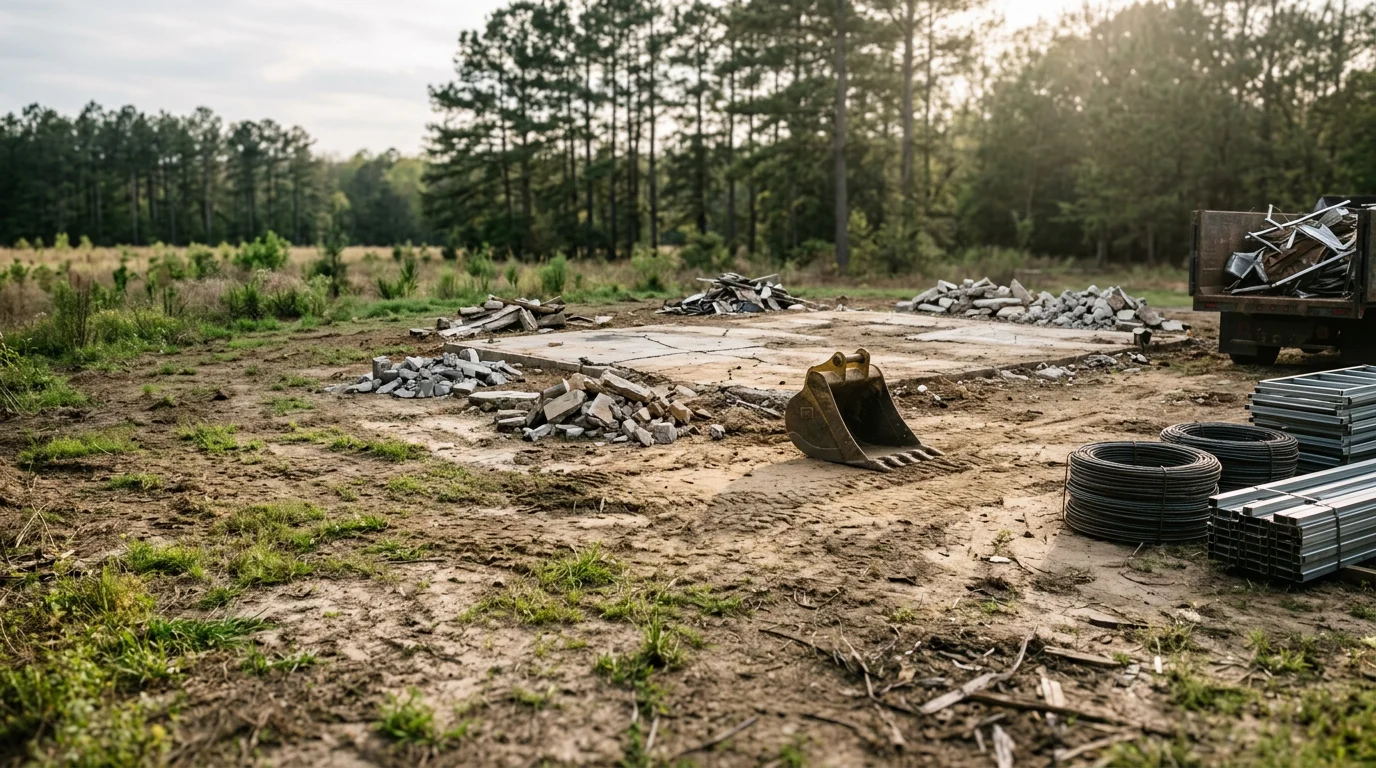 A cleared Middle Georgia property lot after mobile home demolition by TMC Solutions LLC, with all debris removed and bare ground ready for future use. The site is located in the Macon area with open land visible in the background.