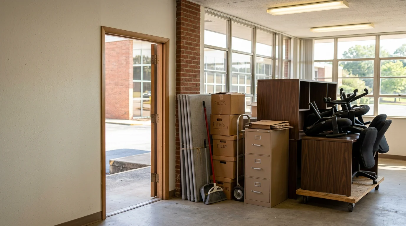 A cleared commercial office space in Macon, Georgia after a full building cleanout, with empty floors and no remaining furniture or debris. TMC Solutions LLC junk removal crew loading office furniture and filing cabinets onto a hauling truck outside a Middle Georgia commercial building.