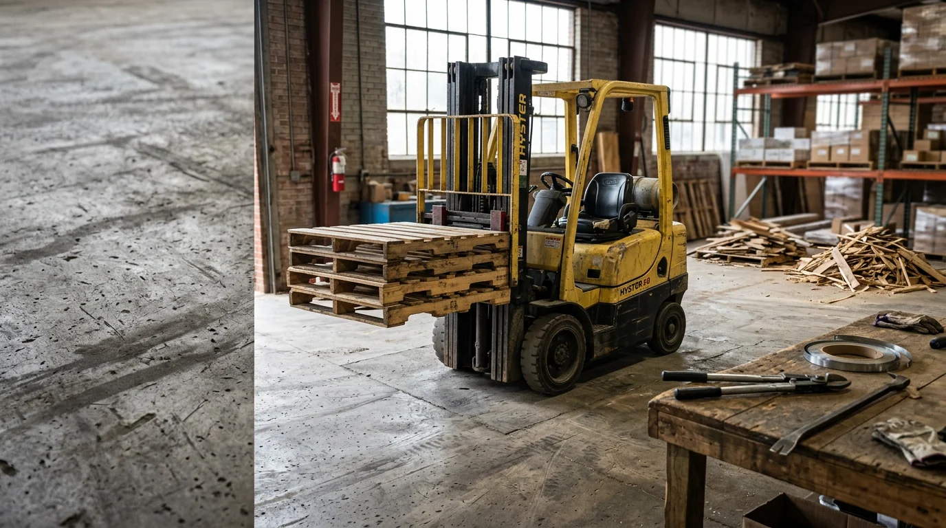 A cleared warehouse floor in Macon, Georgia after pallet removal, with stacked wooden pallets loaded onto a hauling truck outside the facility. The open floor space shows a clean, organized property ready for use.