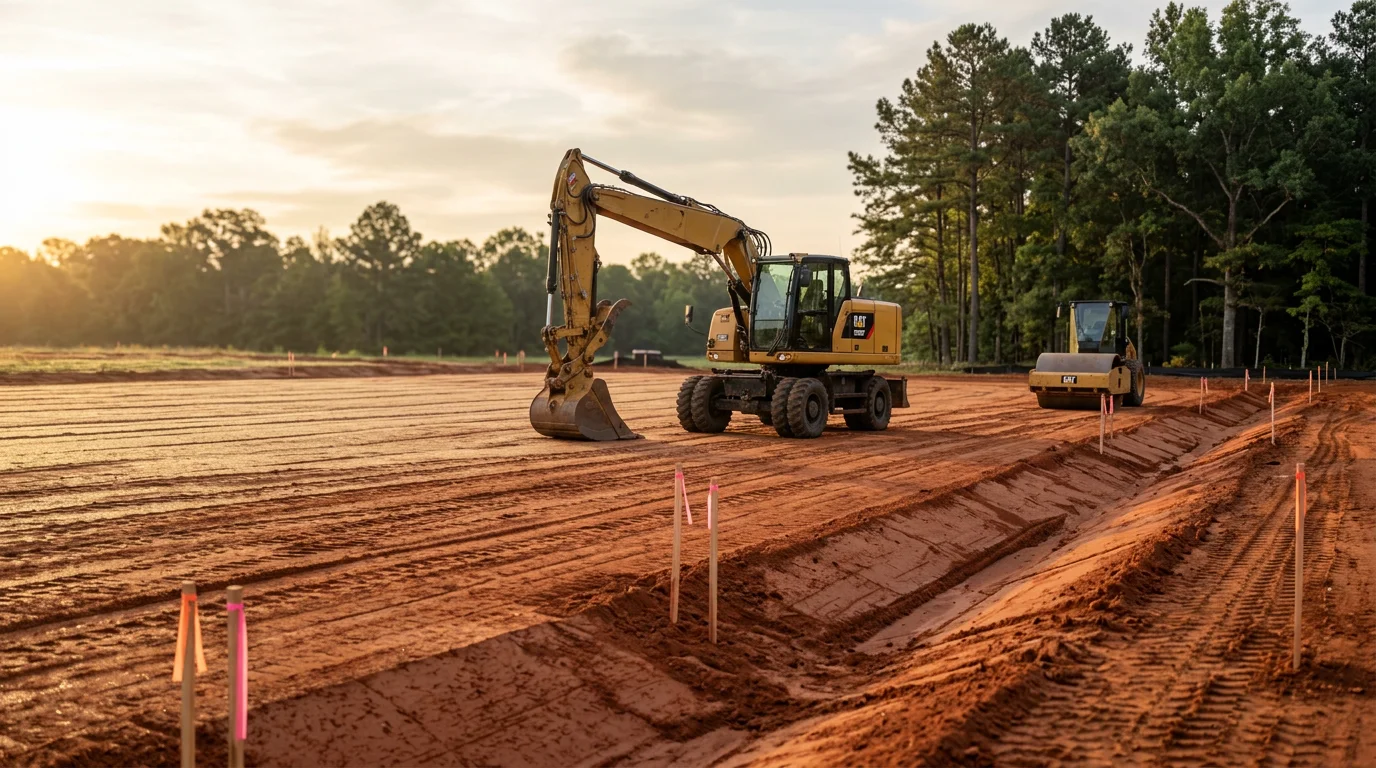 A graded and excavated residential lot in Macon, Georgia with red clay soil shaped for drainage and cleared of debris, ready for construction. Heavy equipment tracks are visible across the leveled building pad.