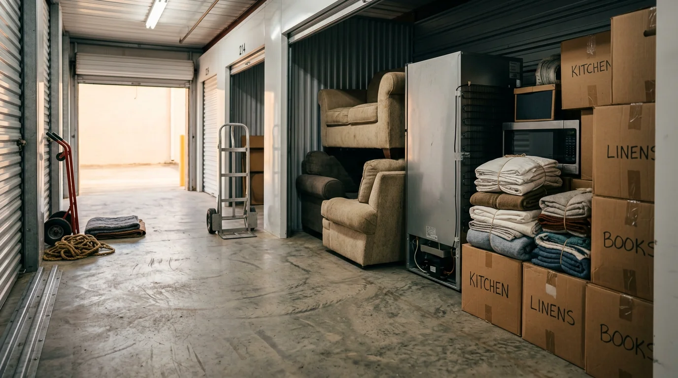 An empty, cleared-out storage unit in Macon, Georgia after a full junk removal cleanout by TMC Solutions LLC. A loaded haul truck sits parked outside the open unit door.