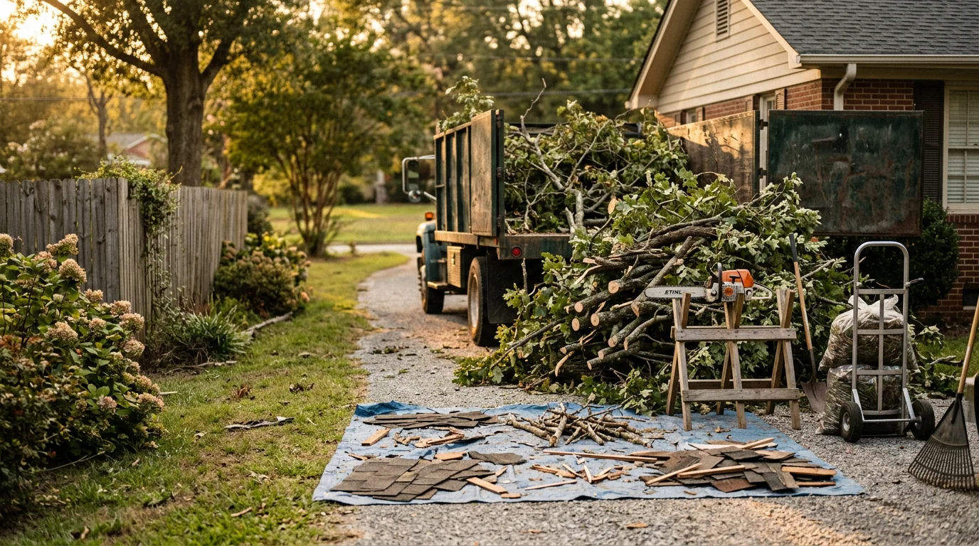 A cleared residential yard in Macon, Georgia after storm debris removal, with fallen tree limbs and scattered branches hauled away, leaving the property open and accessible.