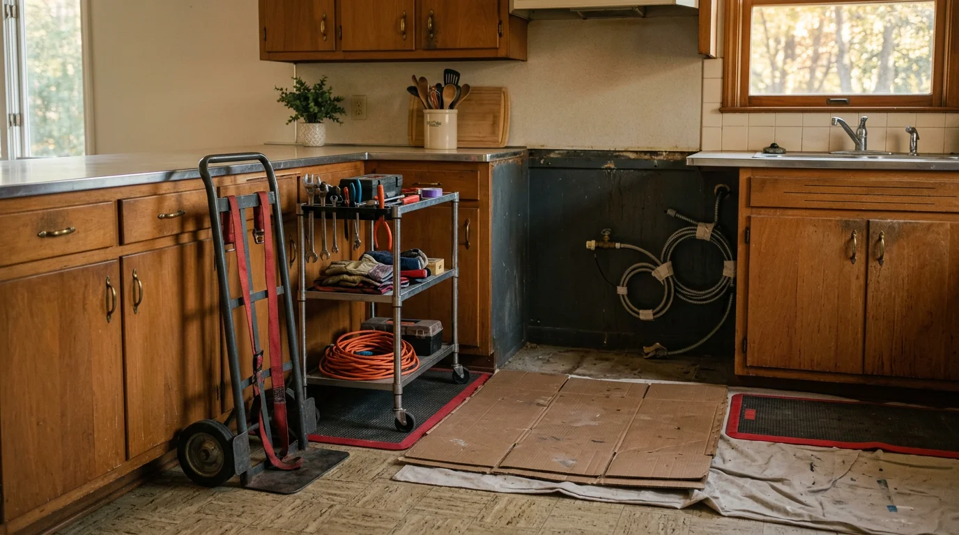 A heavy freestanding kitchen range being removed from a residential home in Macon, Georgia. The appliance is being carried through a narrow doorway by a removal crew preparing to load it onto a hauling truck.