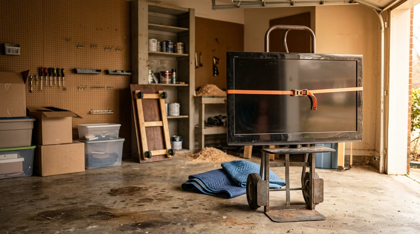 A junk removal crew loading a large flat screen television into a hauling truck outside a residential home in Macon, Georgia. The TV is being carried through the front doorway with care to avoid damage to the door frame.