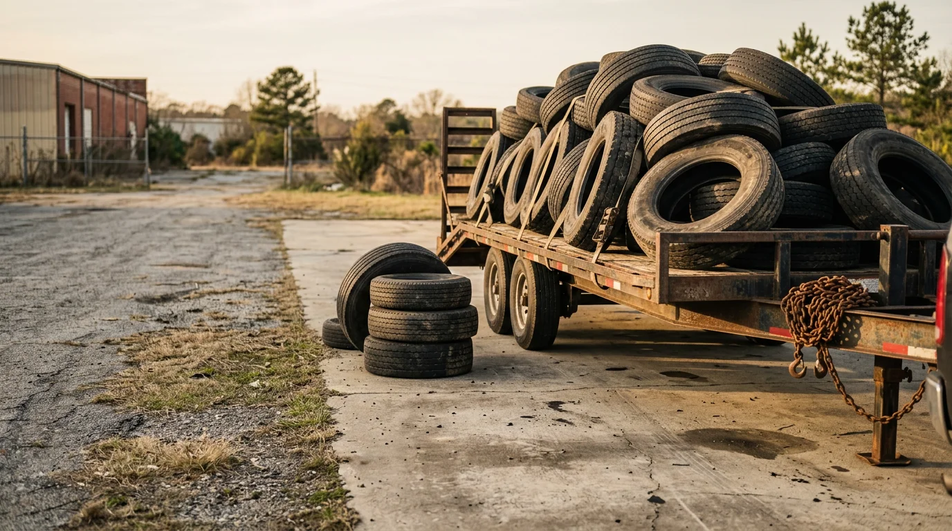 A pile of old scrap tires loaded onto a hauling truck during a property cleanup in Macon, Georgia. The tires are stacked and ready for transport to an authorized disposal processor.